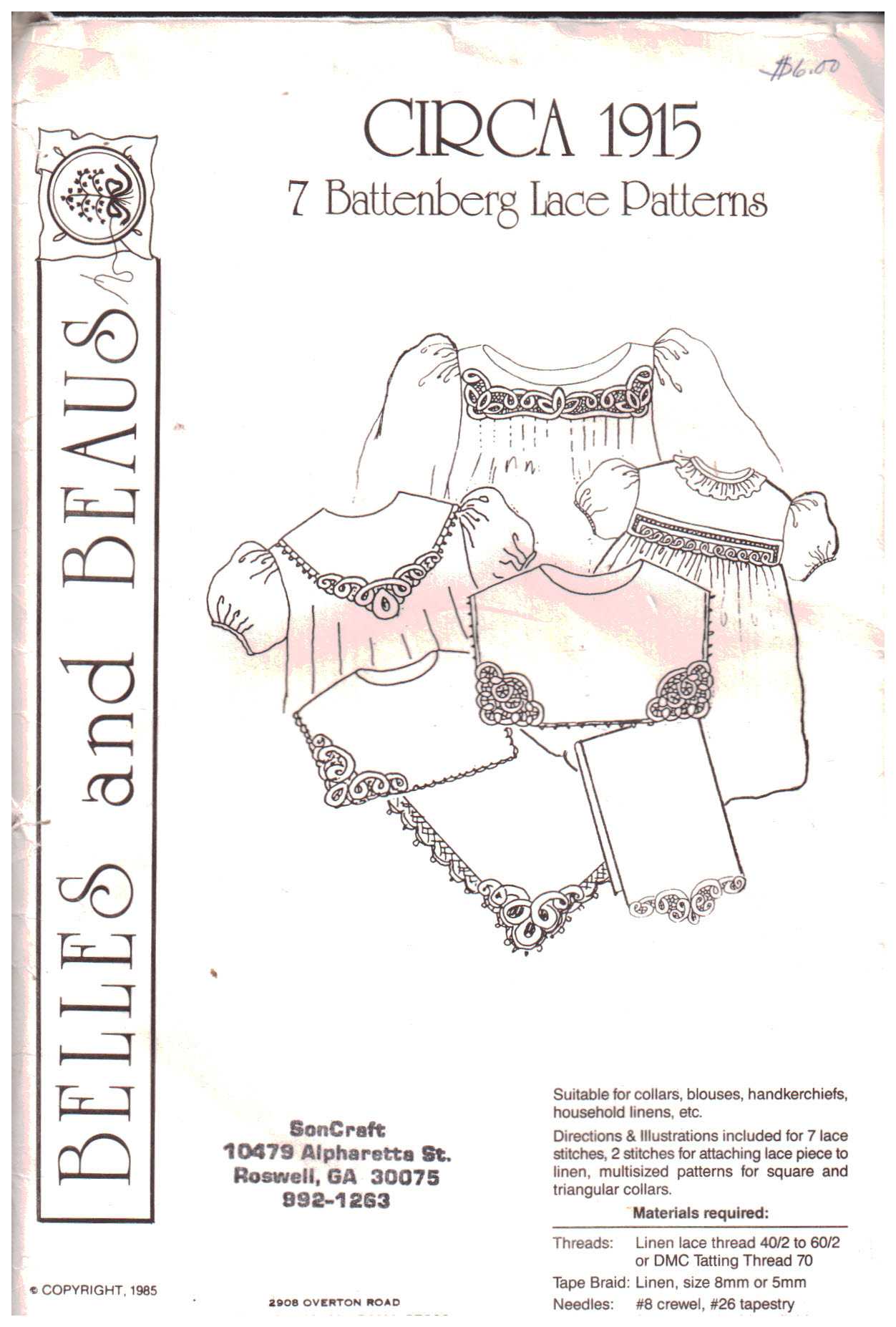 7 Battenberg Lace Designs Suitable for Collar Blouse Handkerchief or Linens UNCUT Belles and Beaus Circa 1915 Pattern