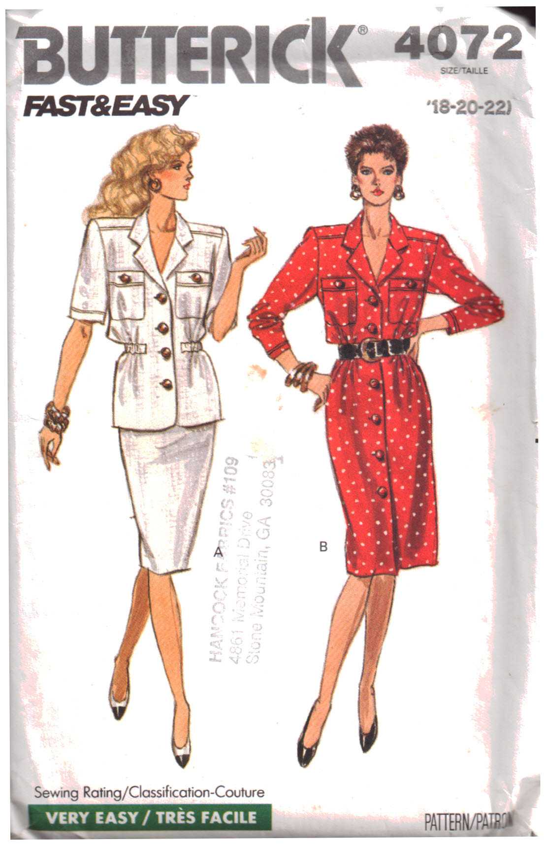 Butterick 4072 Dress, Top, Skirt Size: 18-20-22 Uncut Sewing Pattern