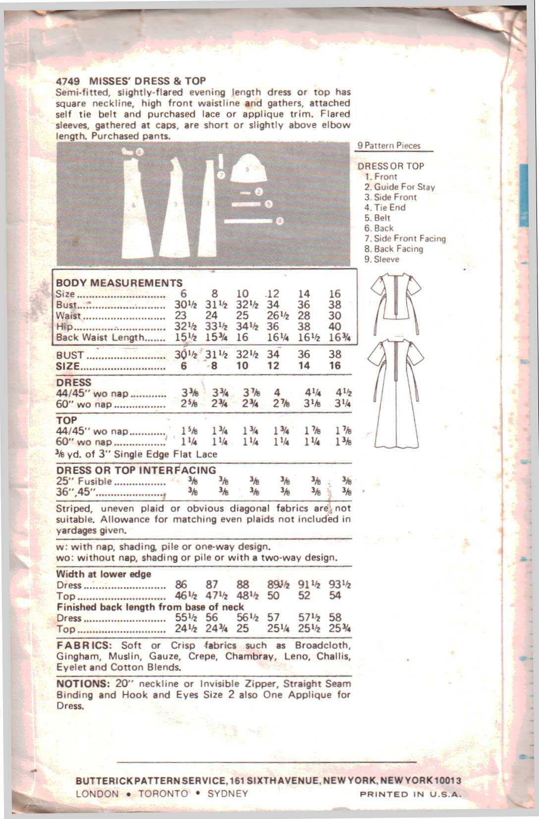 Butterick 4749 Dress, Top Size: 14 Uncut Sewing Pattern