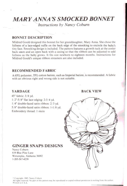 Ginger Snaps Designs Mary Annas Smocked Bonnet 1