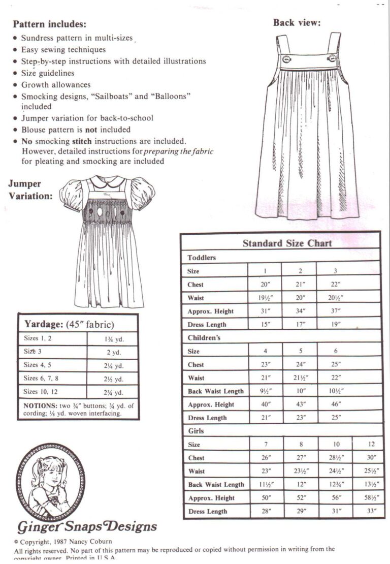 Ginger Snaps Designs Smoked Sundress, Jumper Size 112 Uncut Sewing