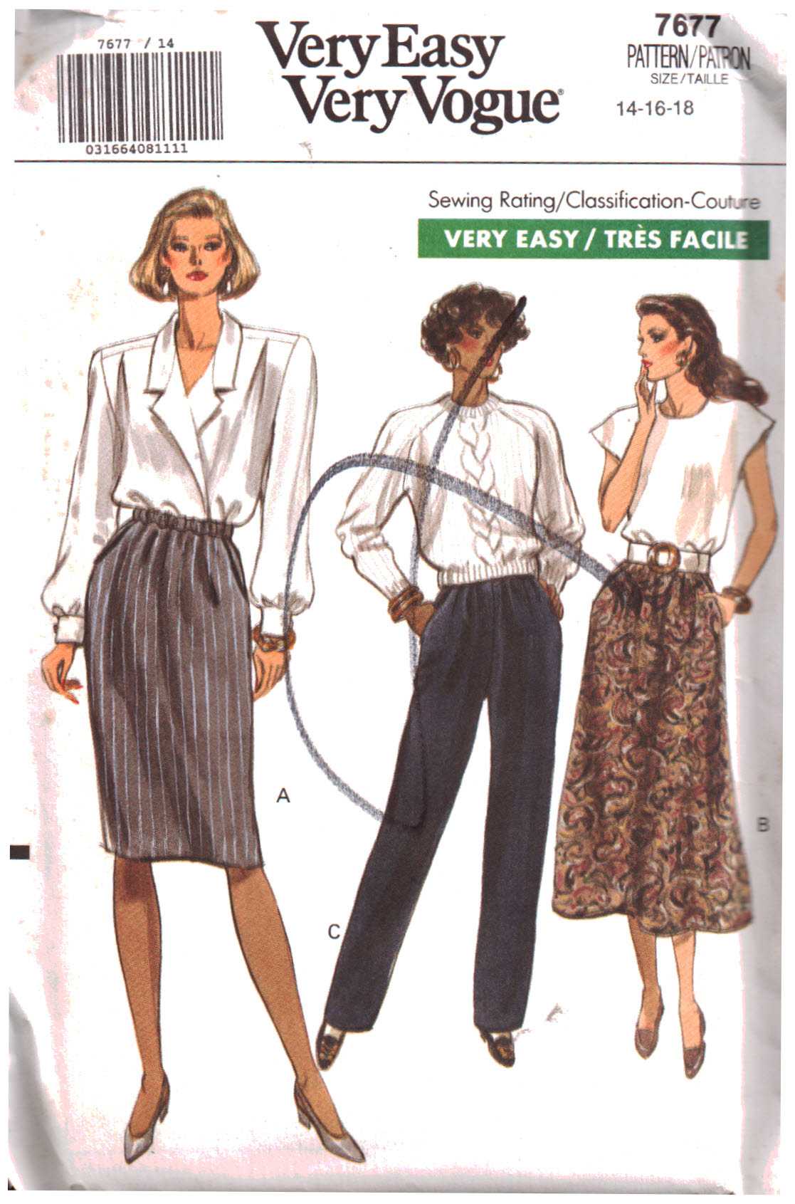Vogue 7677 Skirts, Pants Size: 14-16-18 Uncut Sewing Pattern