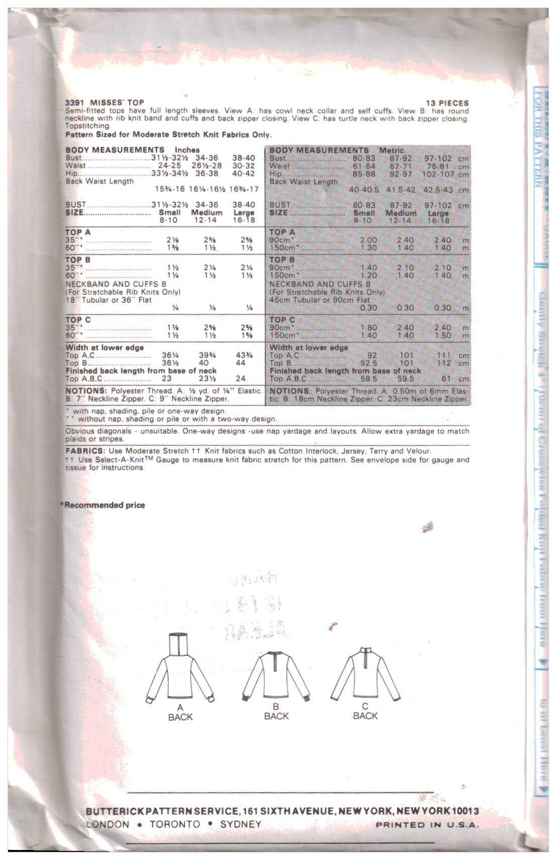 Butterick 3391 Tops Size: 12-14 Uncut Sewing Pattern