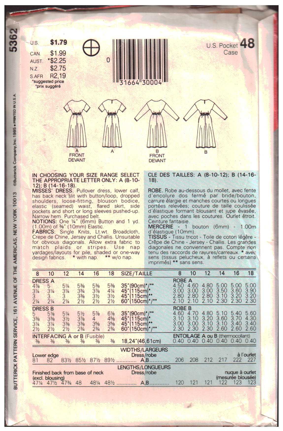 Butterick 5362 Dress Size: B 14-16-18 Used Sewing Pattern