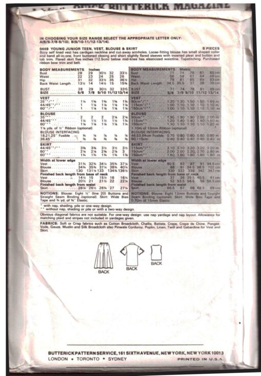 Butterick 6449 Vest, Blouse, Skirt Size: J 9/10-11/12-13/14 Used Sewing ...