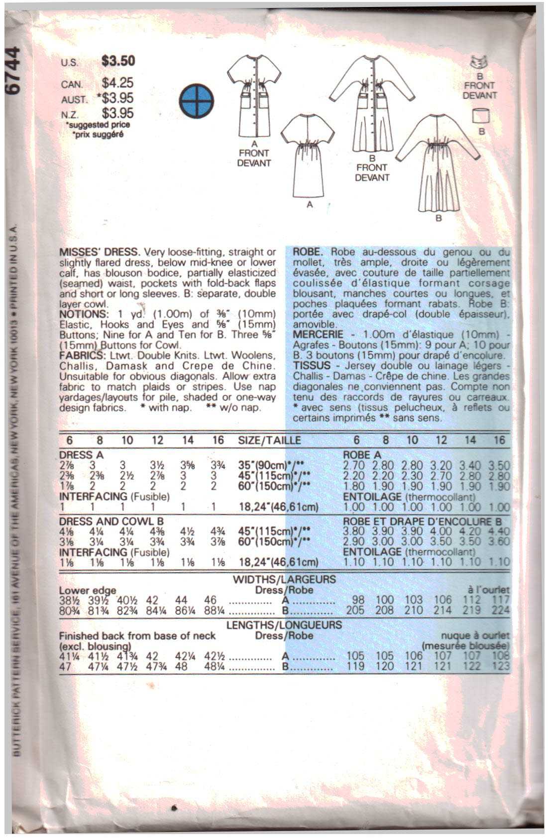 Butterick 6744 Dress Size: 6-8-10 or 12-14-16 Uncut Sewing Pattern
