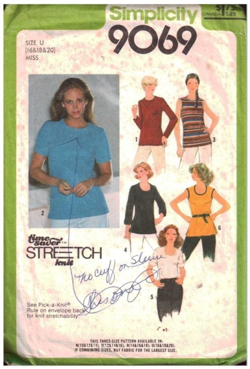 Simplicity 9069 Tops for stretch knit Size: U 16-18-20 Used Sewing Pattern