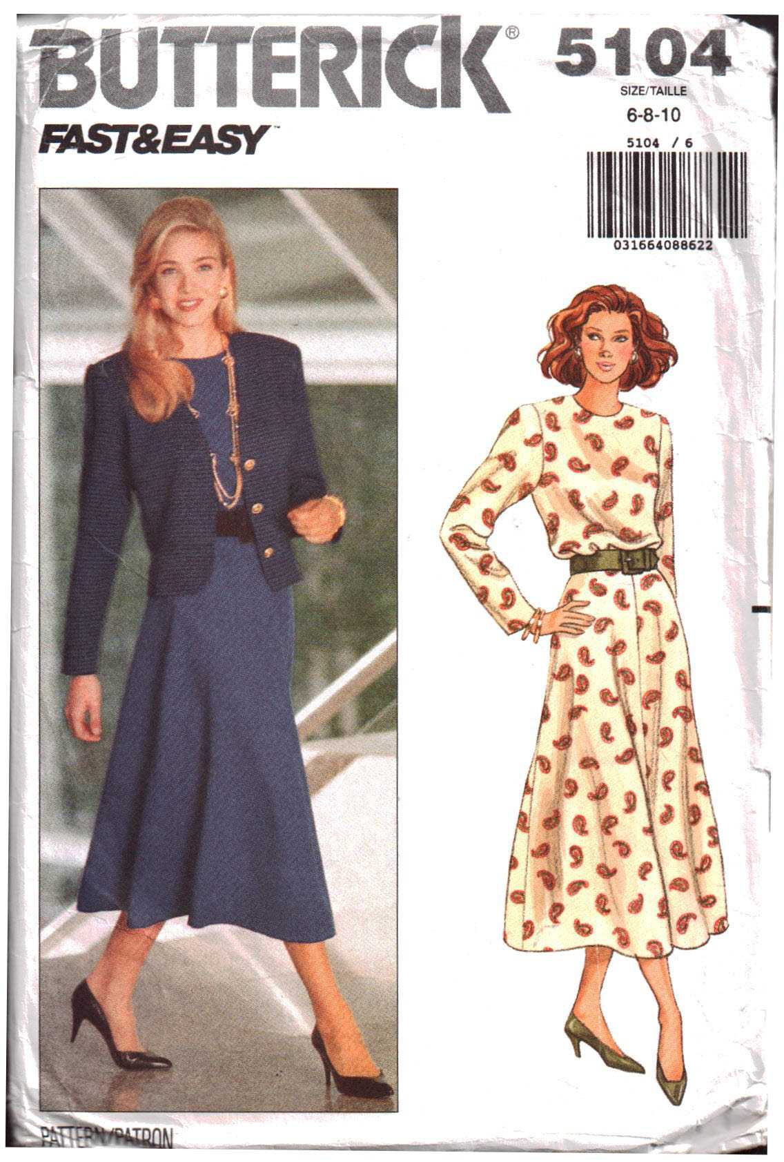 Butterick 5104 Dress, Jacket Size: 6-8-10 Uncut Sewing Pattern