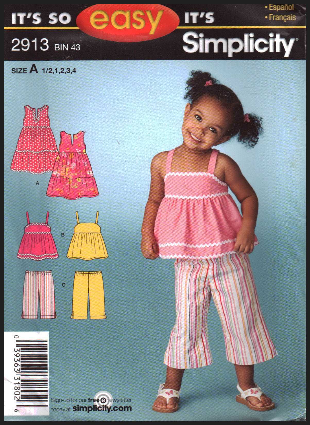 Simplicity 2913 Dress, Top, Cropped Pants Size: A 0.5-1-2-3-4 Uncut Sewing  Pattern