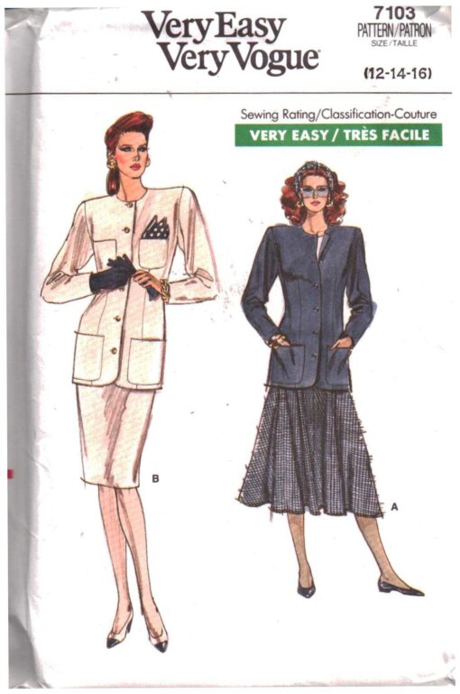 Vogue 7103 Suit - Jacket, Skirt Size: 12-14-16 Uncut Sewing Pattern