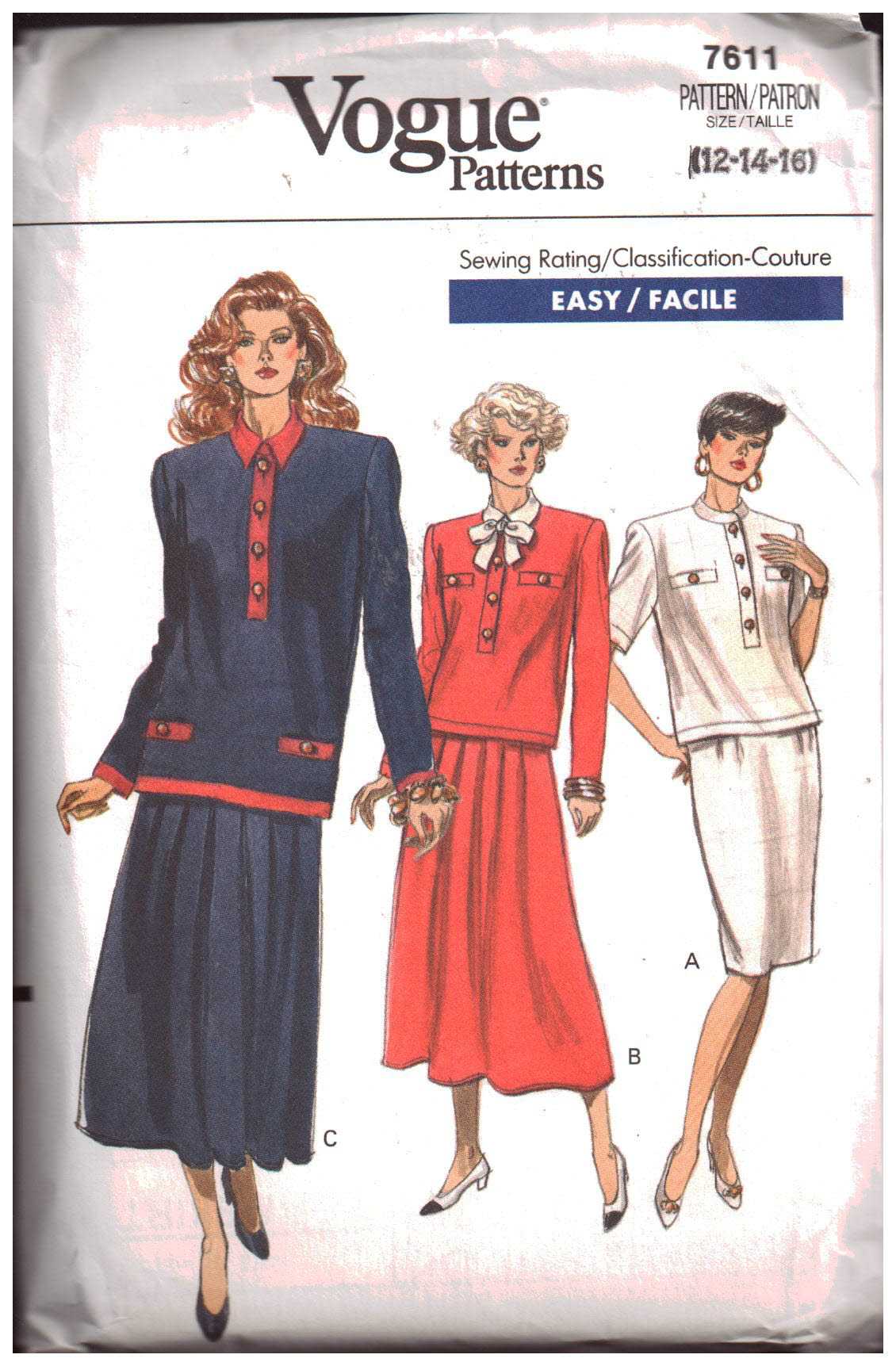 Vogue 7611 Suit - Top, Skirt Size: 12-14-16 Uncut Sewing Pattern