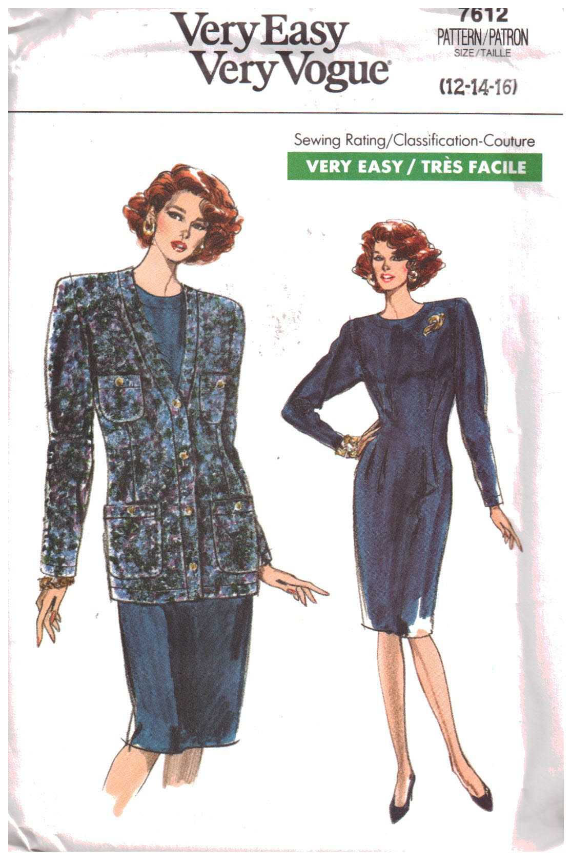 Vogue 7612 Dress, Jacket Size: 12-14-16 Uncut Sewing Pattern
