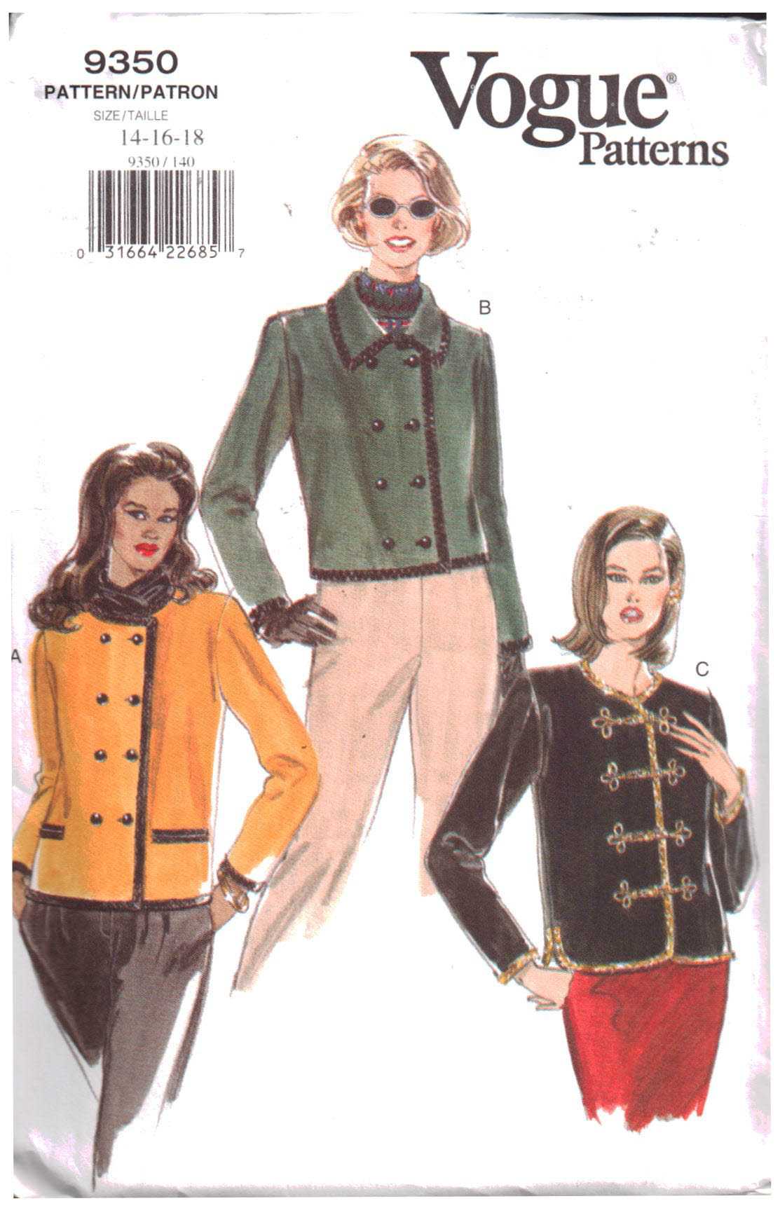 Vogue 9350 Jacket Size: 14-16-18 Uncut Sewing Pattern