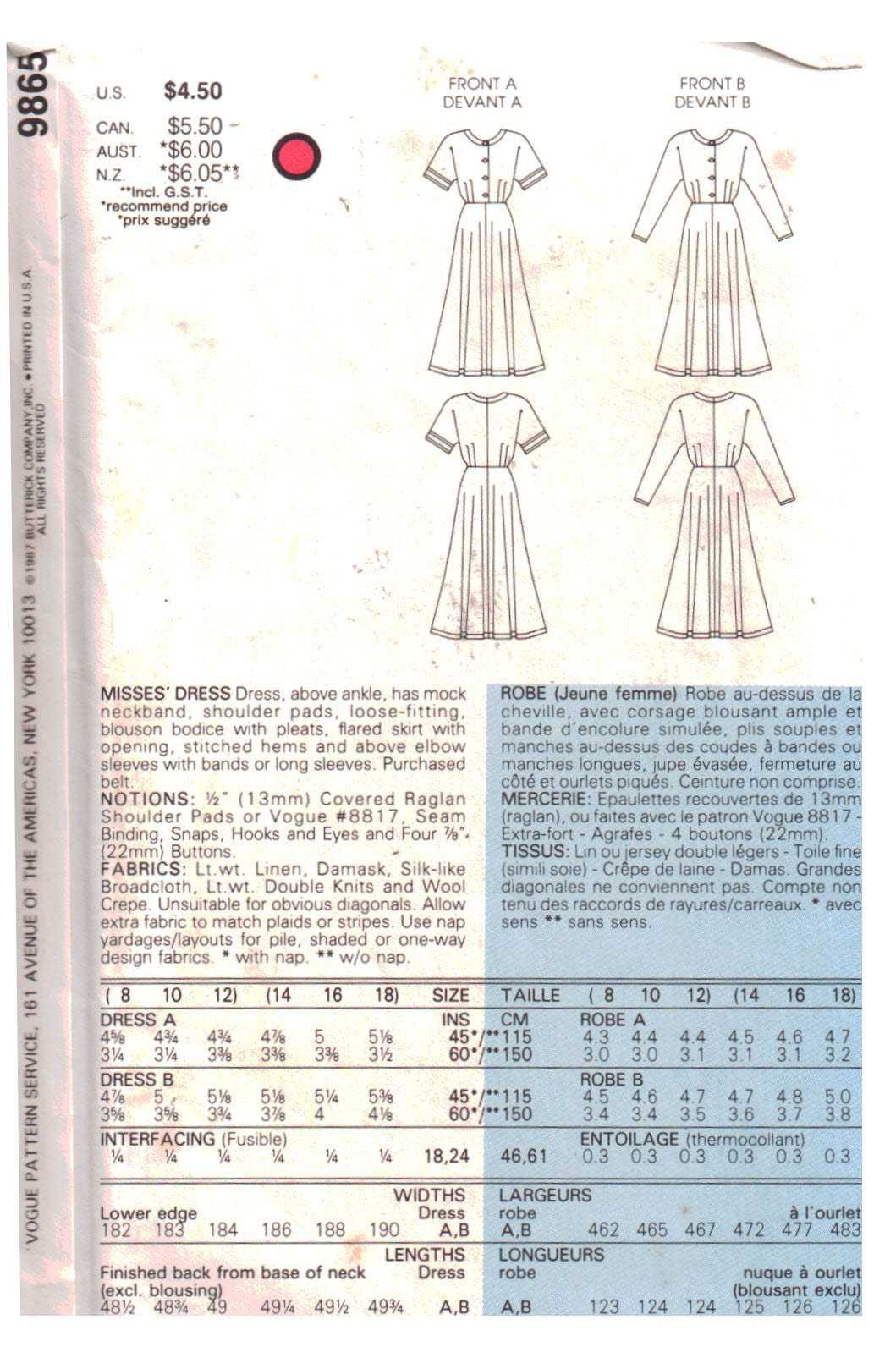 Vogue 9865 Dress Size: 8-10-12 Uncut Sewing Pattern
