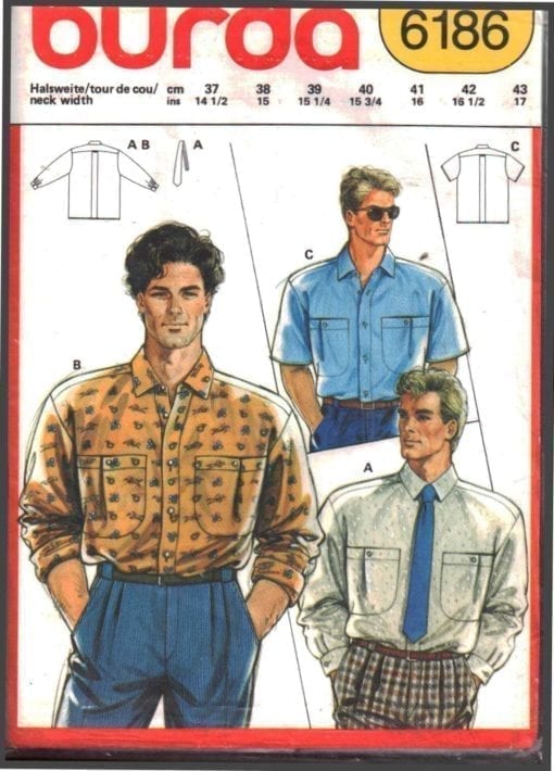 Burda 6186 Men's Shirt Size: 14.5-17 Uncut Sewing Pattern
