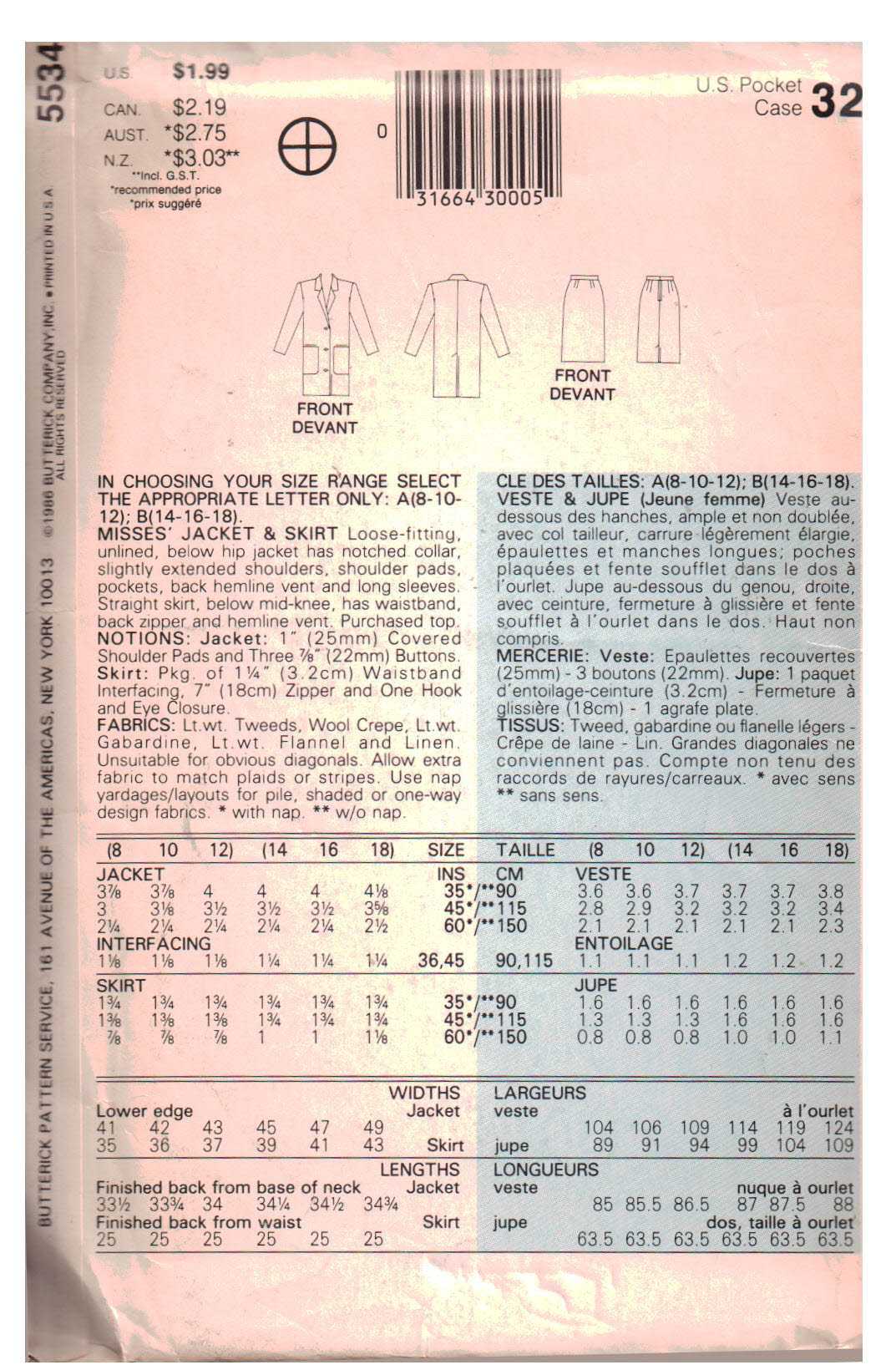 Butterick 5534 Jacket, Skirt Size: B 14-16-18 Uncut Sewing Pattern