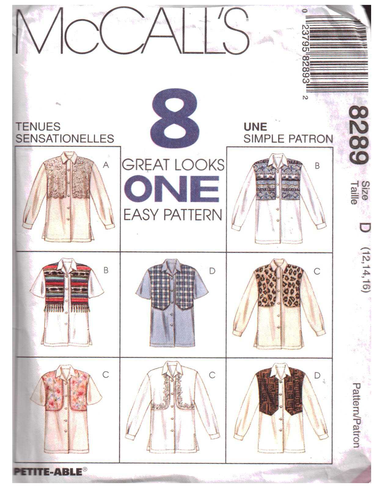 McCall's 8289 Shirt with mock Vest Size: D 12-14-16 Used Sewing Pattern