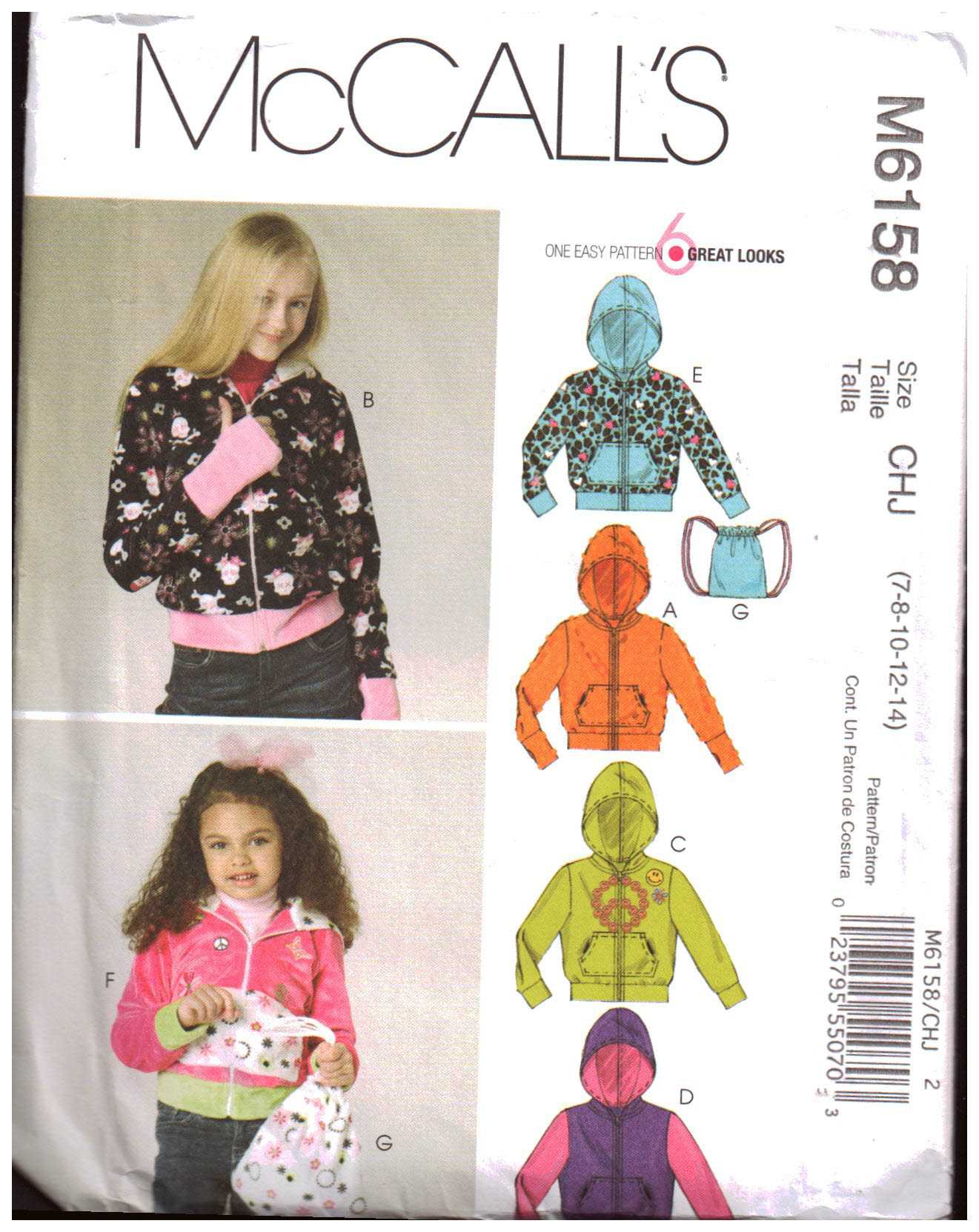 McCall's M6158 Girl's Hoodie, Bag Size: CHJ 7-8-10-12-14 Used Sewing ...
