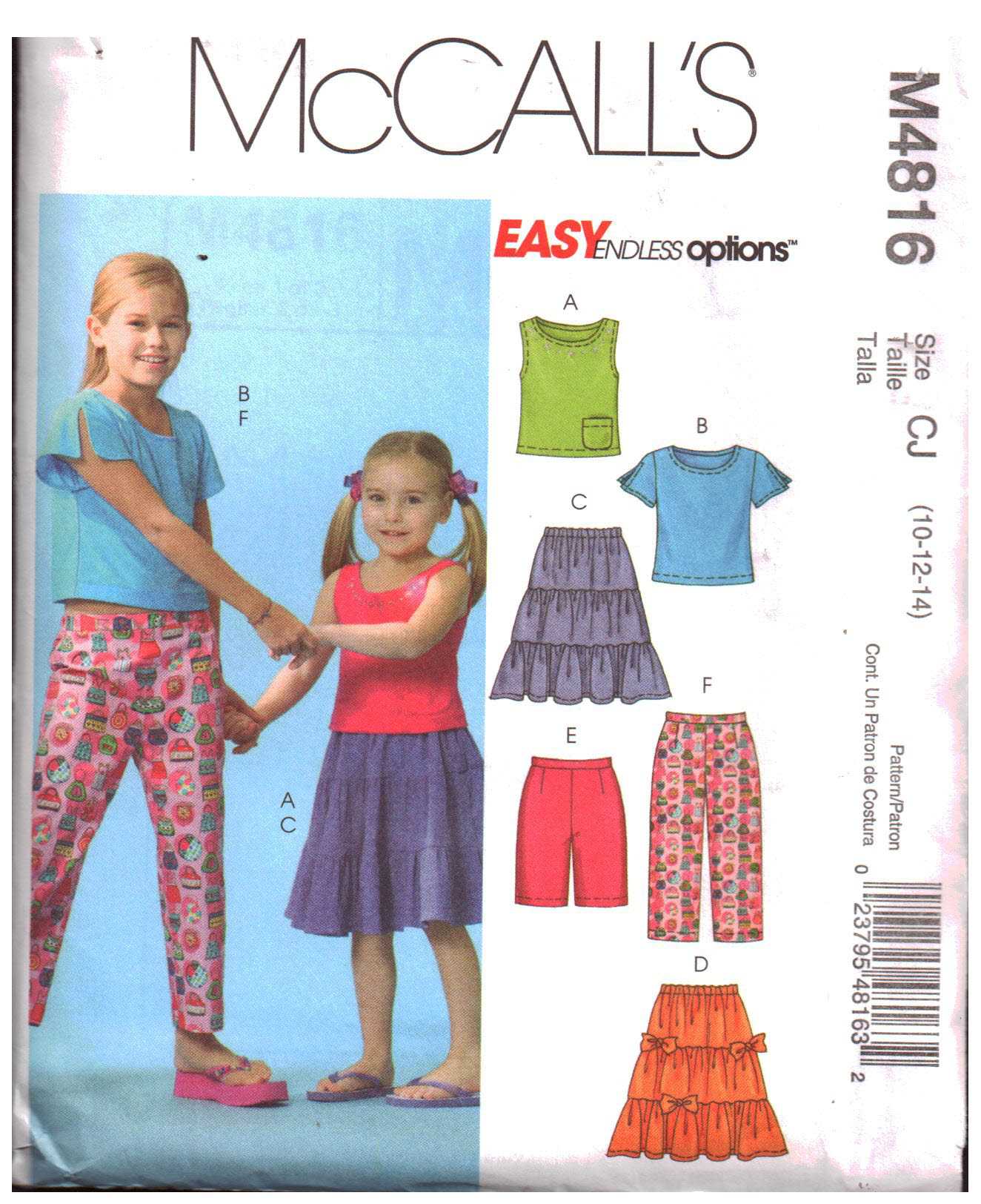 McCall's M4816 Girl's Tops, Skirts, Shorts, Capri Pants Size: CJ 10-12-14  Used Sewing Pattern