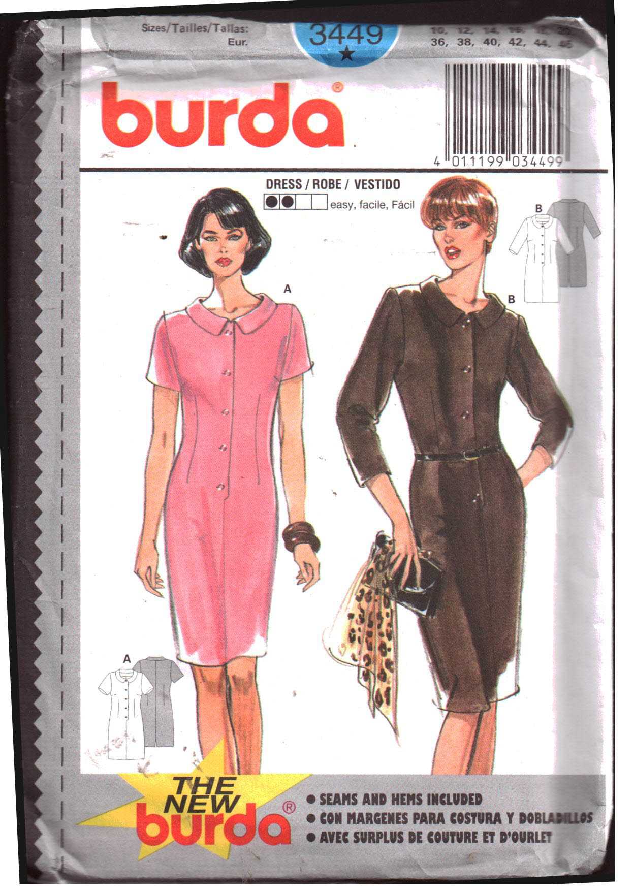 Burda 3449 Dress Size: 10-20 Uncut Sewing Pattern