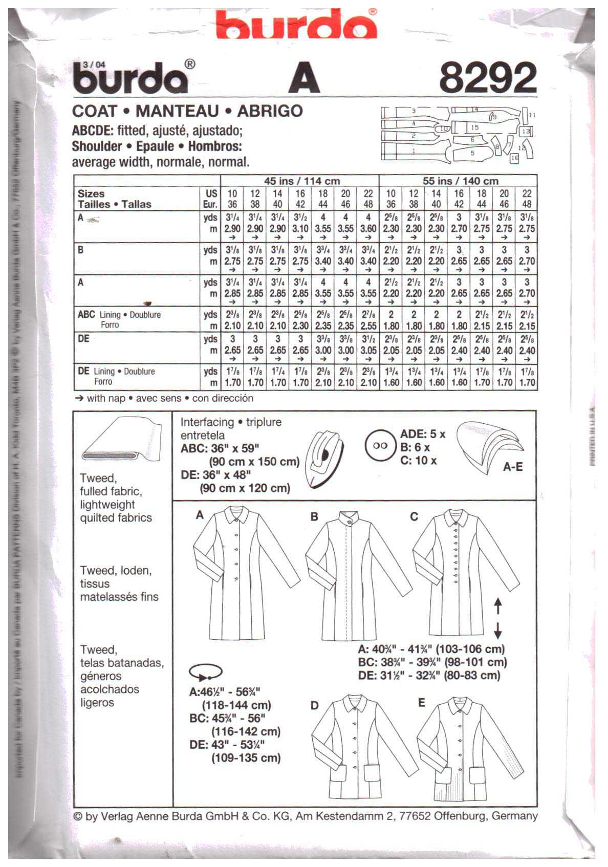 Burda 8292 Coat Size: 10-12-14-16-20-22 Uncut Sewing Pattern
