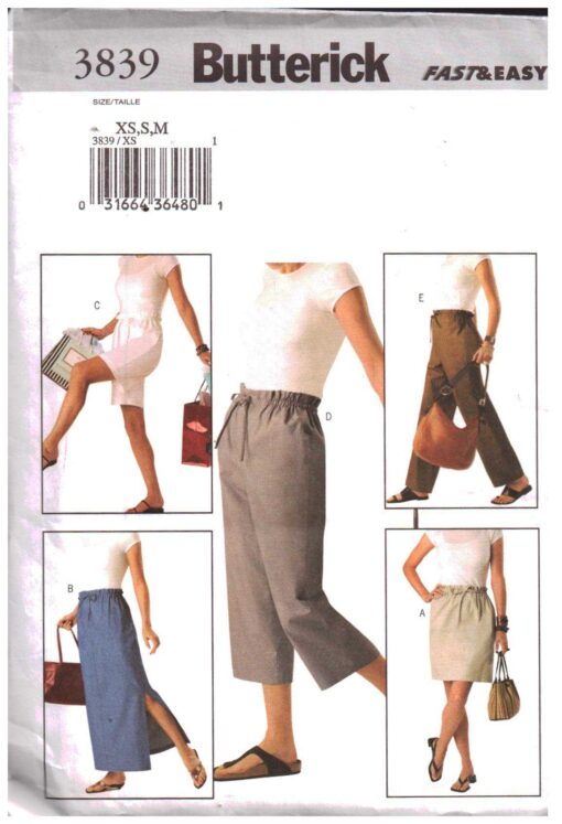 Butterick 3839 Skirt, Shorts, Pants Size: XS-S-M Uncut Sewing Pattern