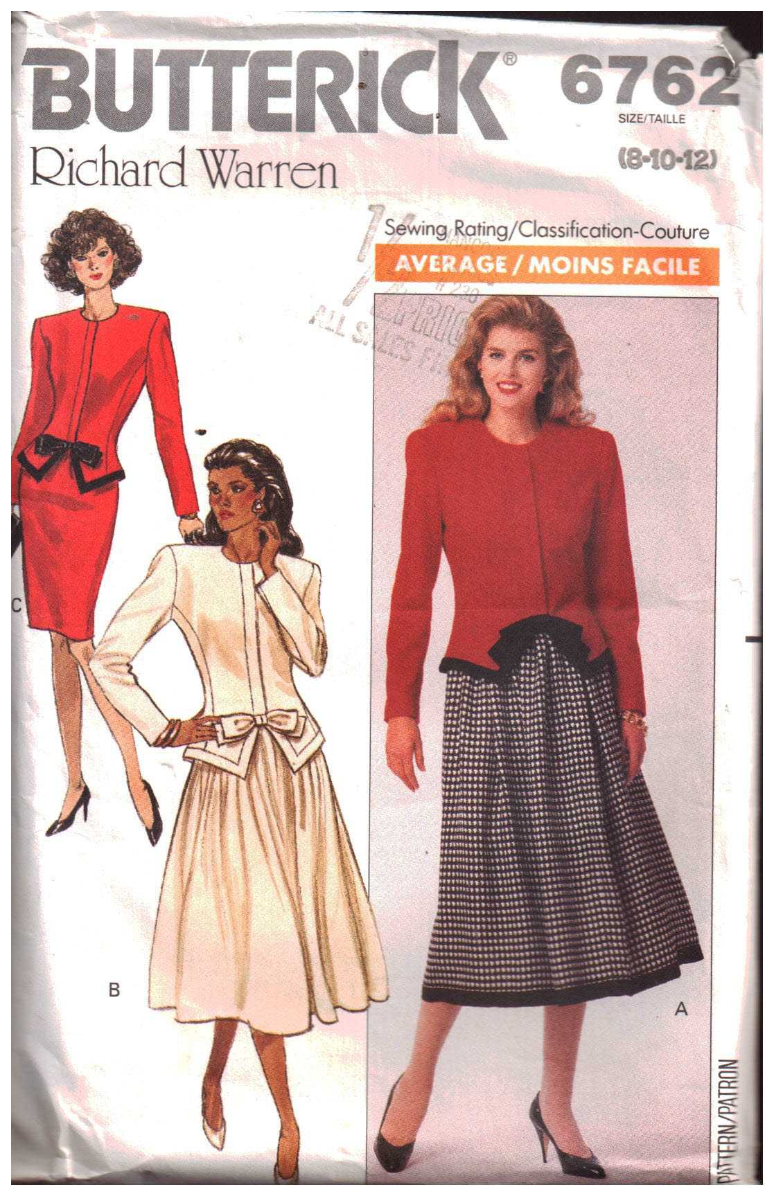 Butterick 6762 Suit - Top, Skirt Size: 8-10-12 Used Sewing Pattern