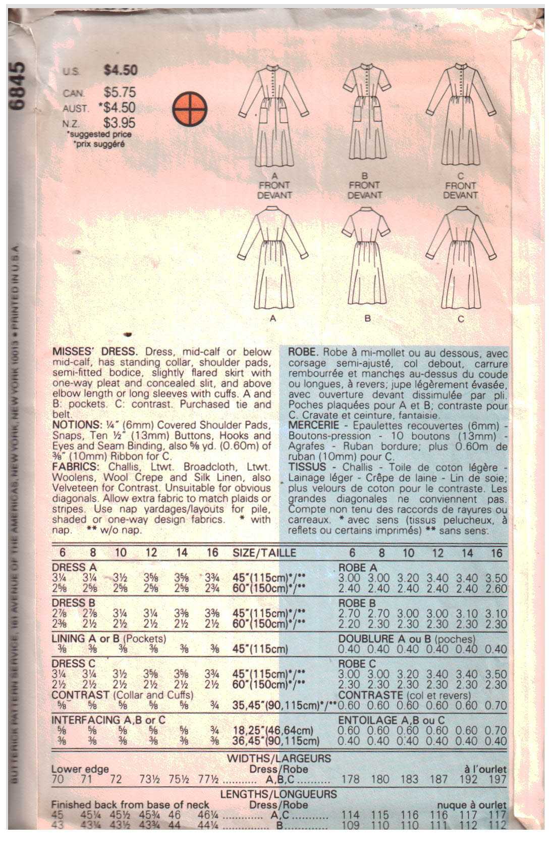 Butterick 6845 Dress Size: 6-8-10 Used Sewing Pattern