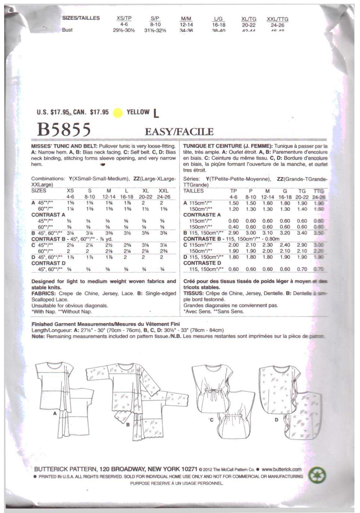 Butterick B5855 Tunic, Belt Size: ZZ L-XL-XXL Uncut Sewing Pattern