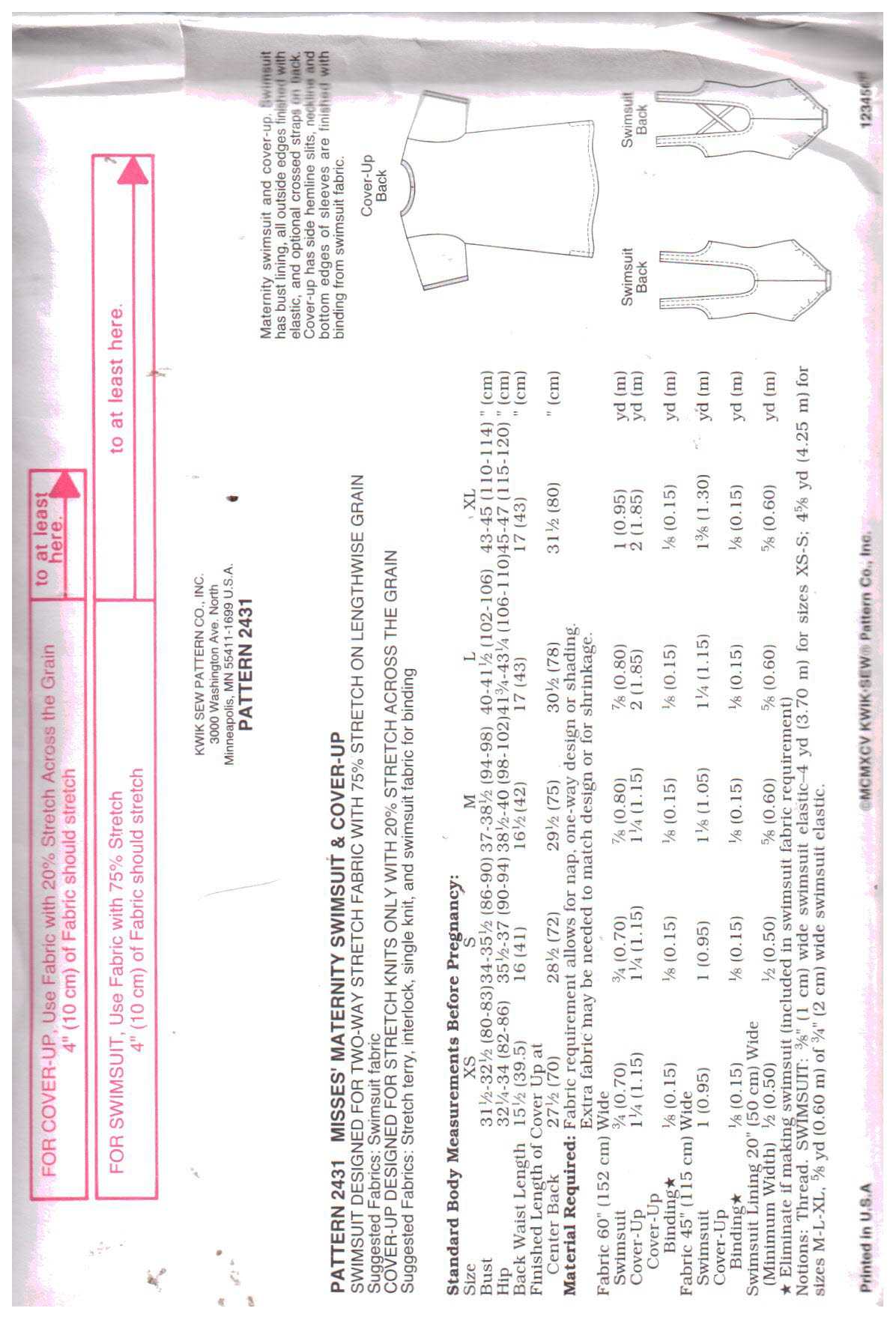 Kwik Sew 2431 Maternity Swimsuit, Cover-up Size: XS-S-M-L-XL Uncut
