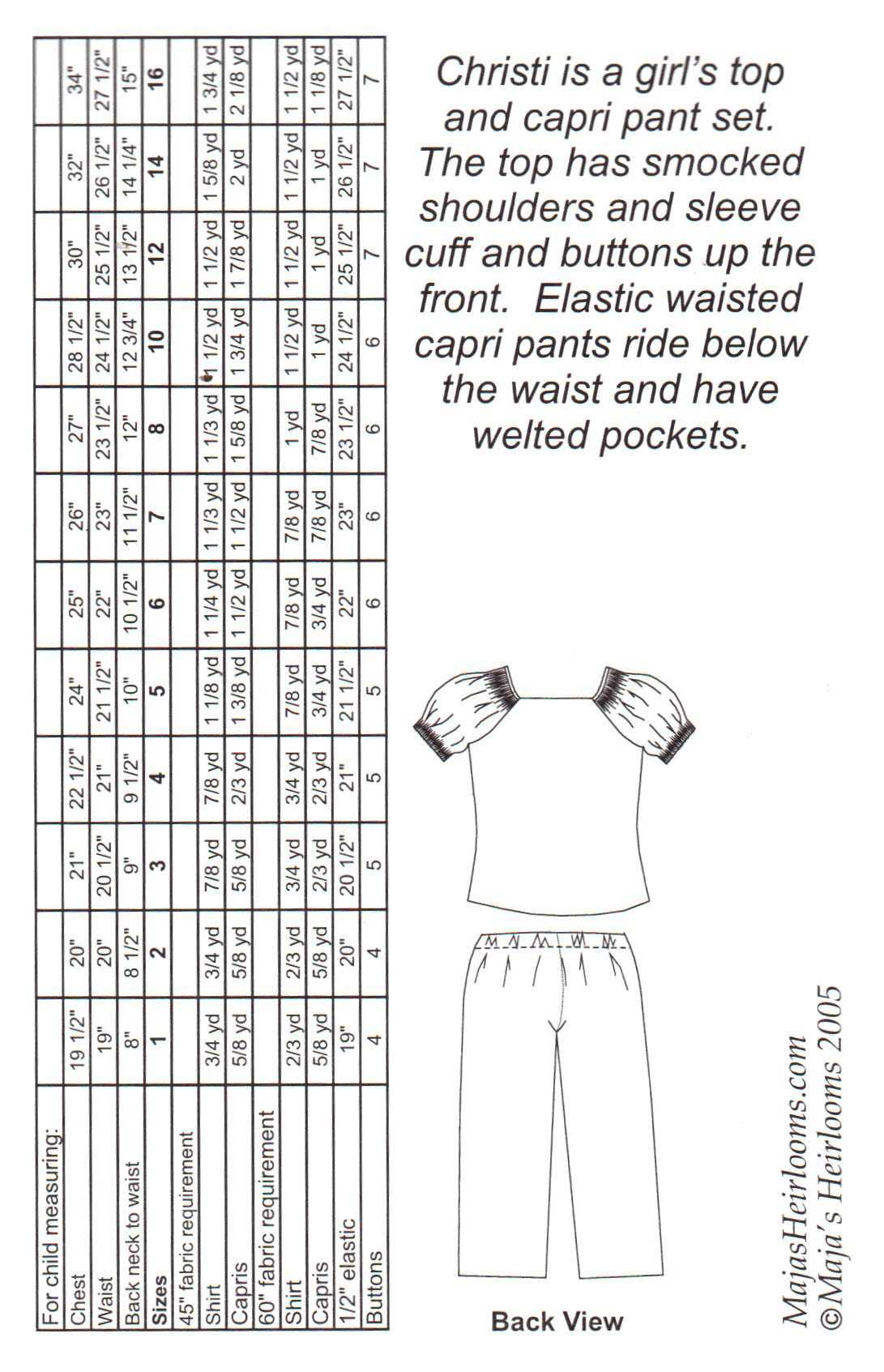 Maja's Heirlooms Christi Girl's Top, Capri Pants Size: 1-16 Uncut Sewing  Pattern