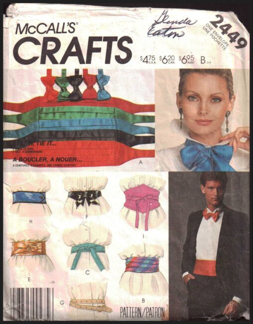 McCall's 2449 Belt & Tie Package Size: One Used Sewing Pattern