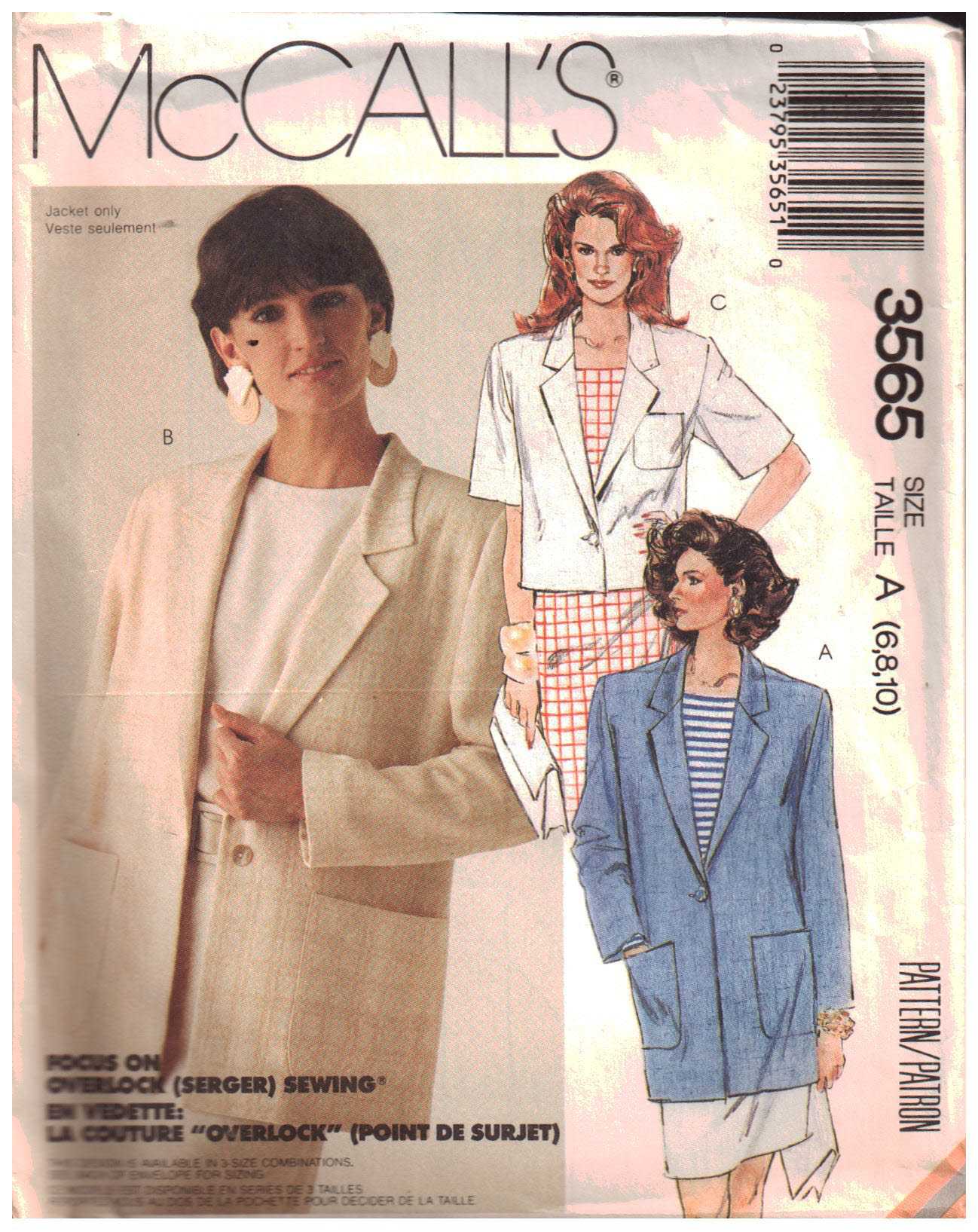 McCall's 3565 Jacket Size: A 6-8-10 Used Sewing Pattern