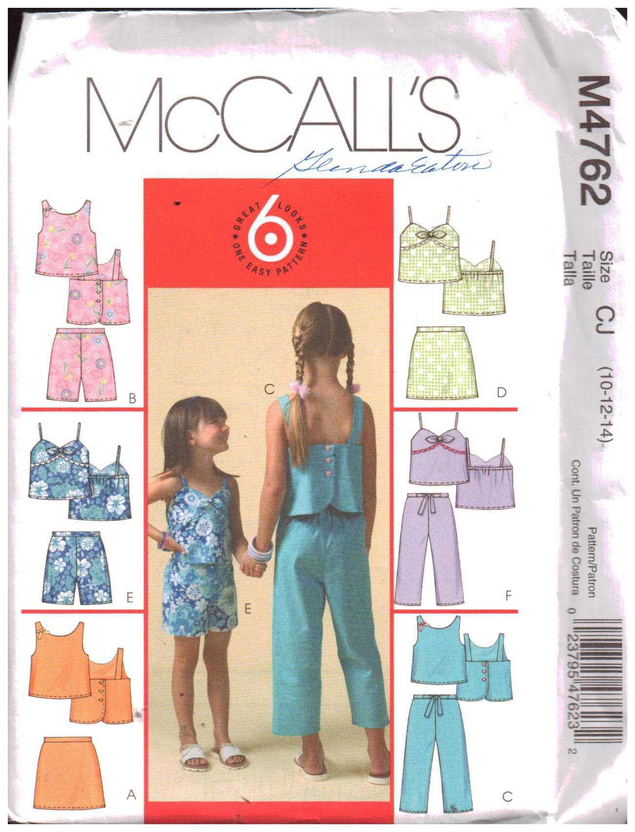 McCall's M4762 Girl's Tops, Skorts, Capri Pants Size: CJ 10-12-14