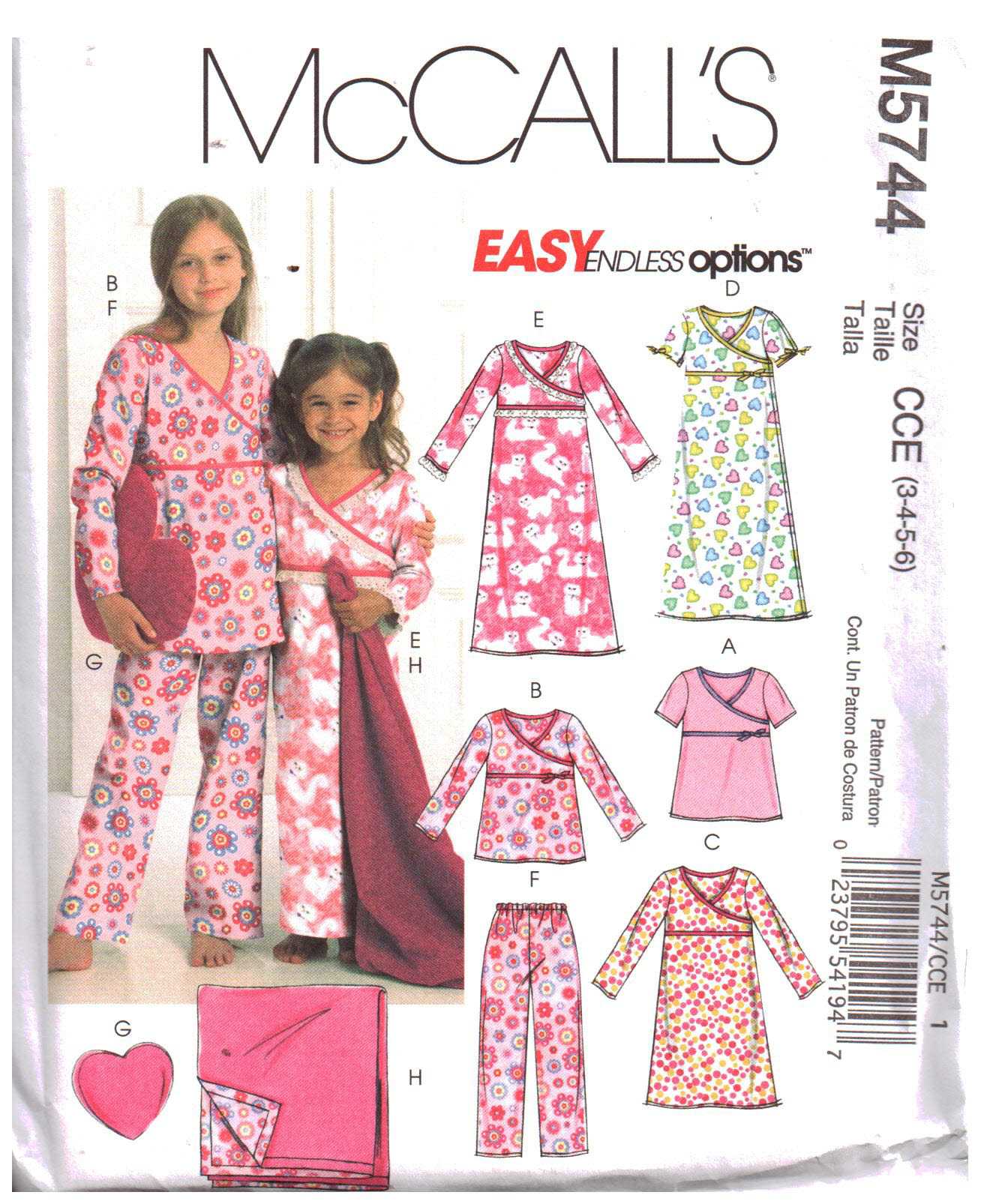 McCall's M5744 Girl's Pajamas, Gowns, Pillow, Blanket Size: CCE 3-4-5-6 ...