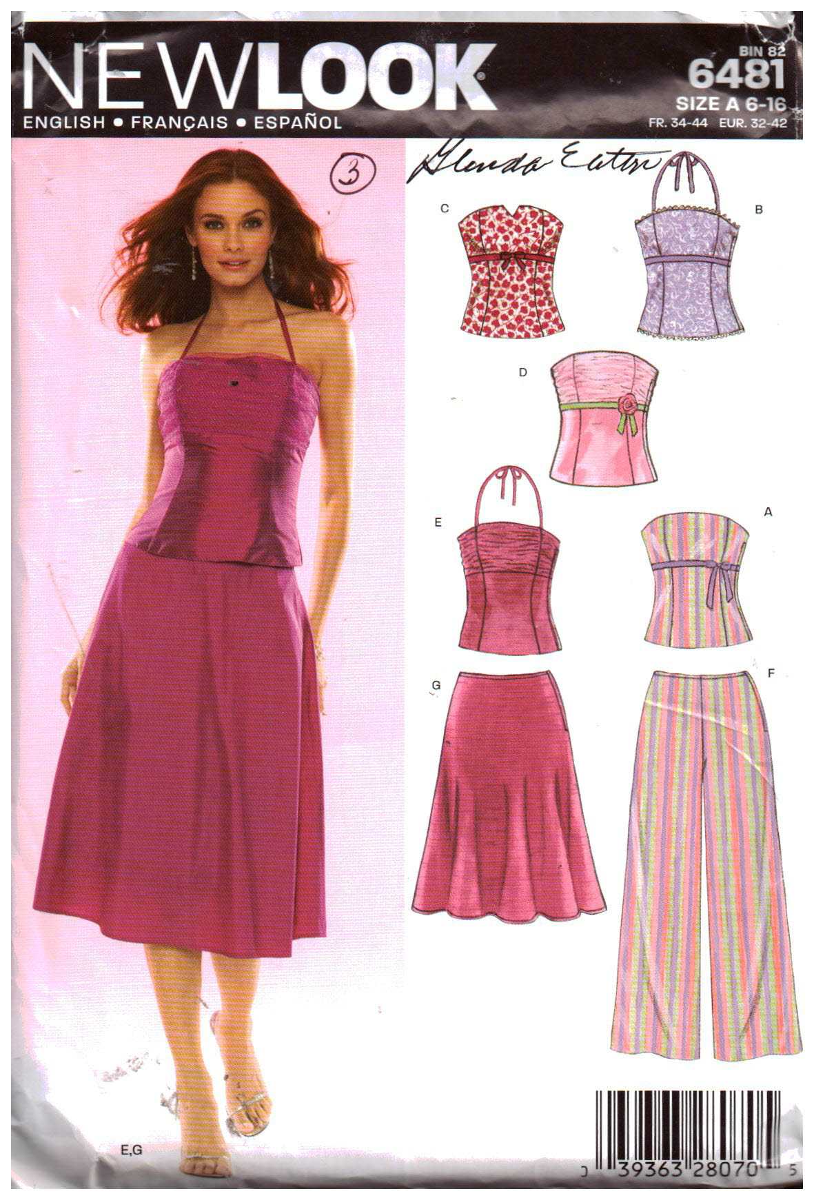 New Look 6481 Pants, Skirt, Tops Size: A 6-16 Uncut Sewing Pattern