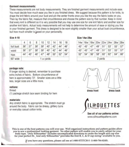 Silhouettes 4000 One Dress Size: 4-18 & 14W-28W Uncut Sewing Pattern