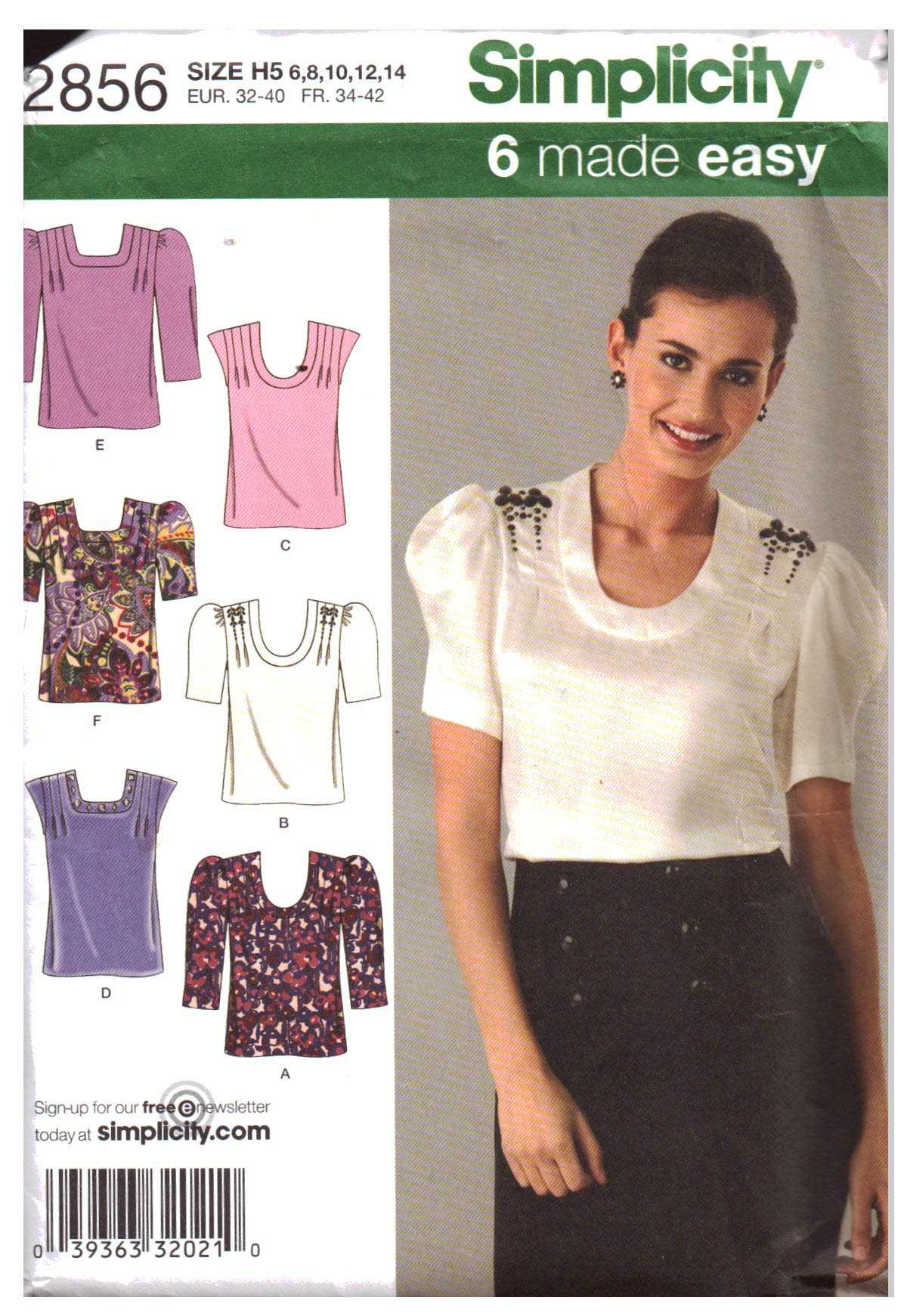 Simplicity 2856 Top with neckline, Sleeve variations Size: H5 6-8-10-12 ...