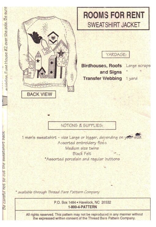 The Thread Bare Pattern Co RFR93 Rooms for Rent Sweatshirt Jacket Size