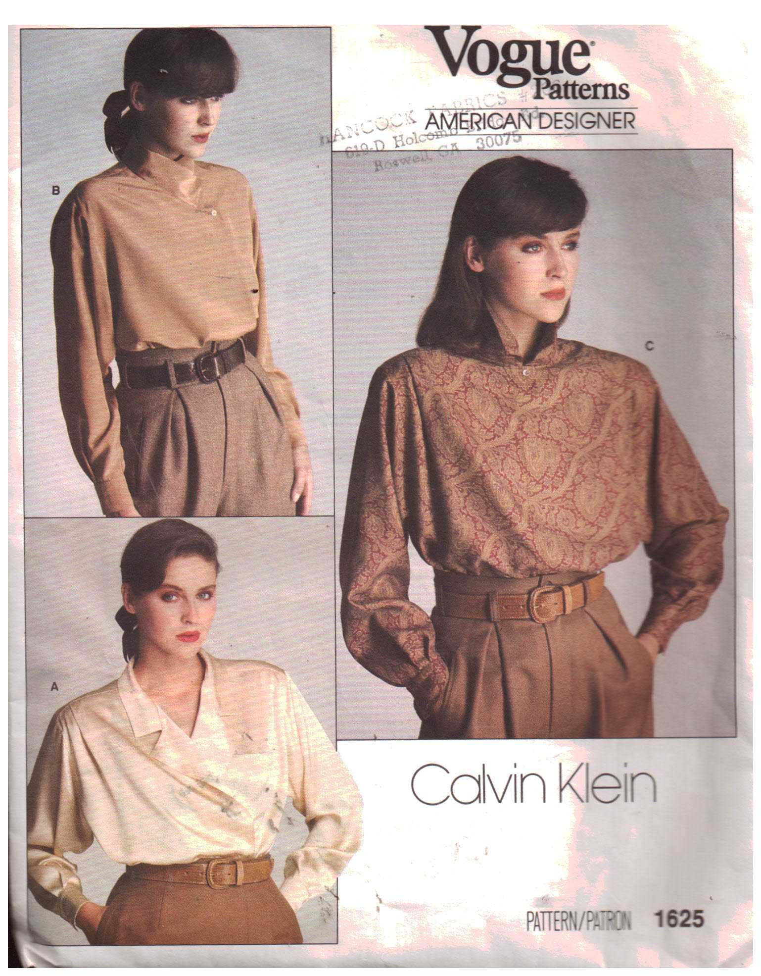 Vogue 1625 Blouses by Calvin Klein Size: 12 Used Sewing Pattern