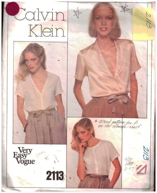 Vogue 2113 Blouses by Calvin Klein Size: 16.5 Used Sewing Pattern