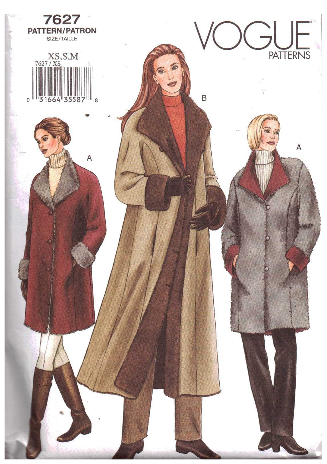 Vogue 7627 Reversible Coat Size: XS-S-M Uncut Sewing Pattern