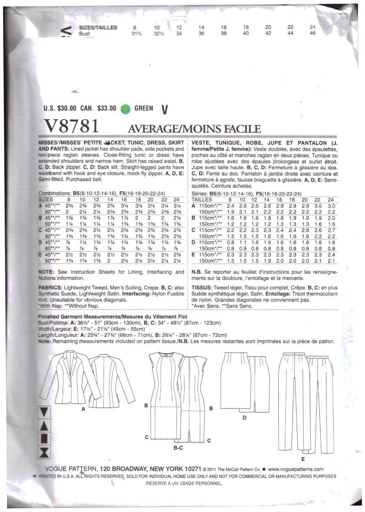 Vogue V8781 Suit - Jacket, Tunic, Dress, Skirt, Pants Size: B5 8-10-12 ...