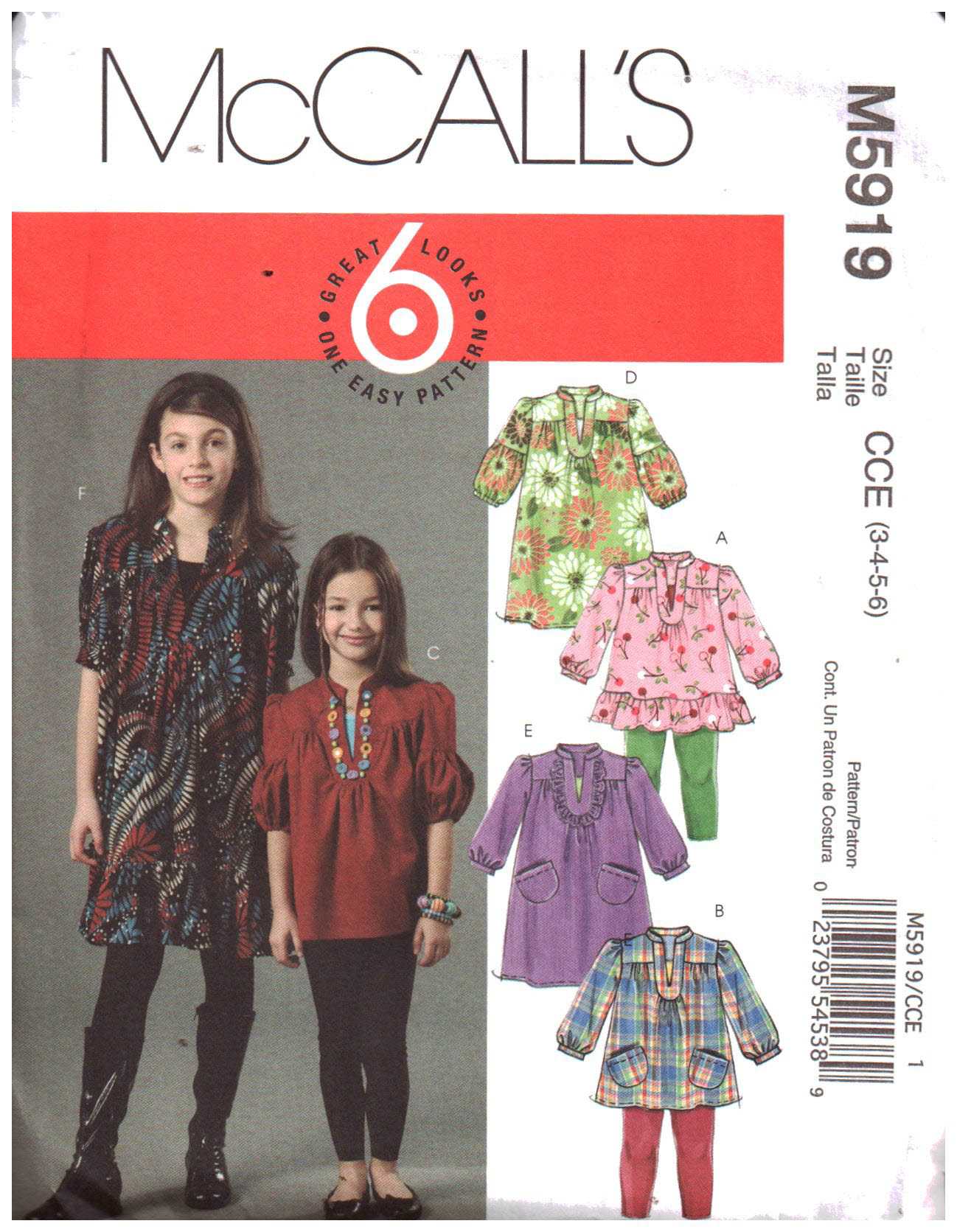 McCall's M5919 Girl's Top, Dress Size: CCE 3-4-5-6 Uncut Sewing Pattern