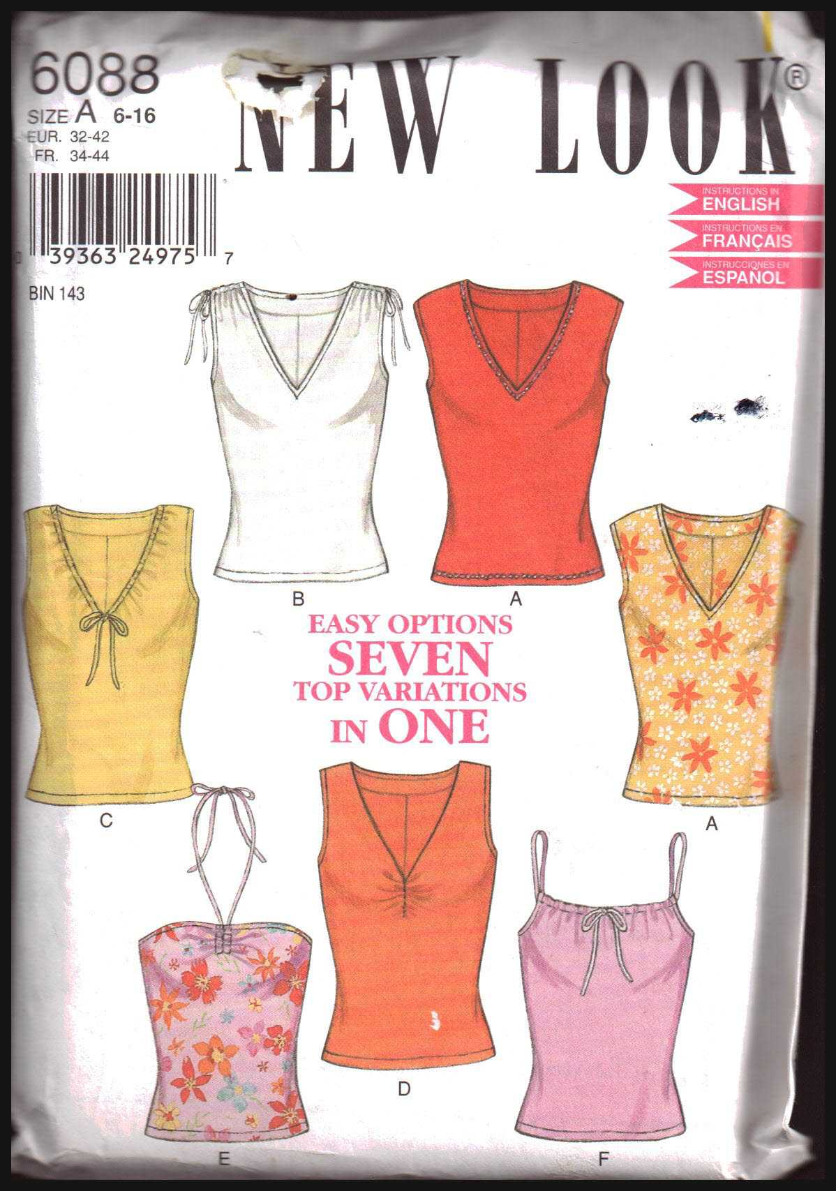 New Look 6088 Tops Size: A 6-16 Uncut Sewing Pattern