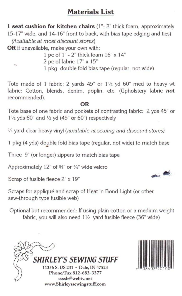Shirley's Sewing Stuff Converta Tote Size One Uncut Sewing Pattern
