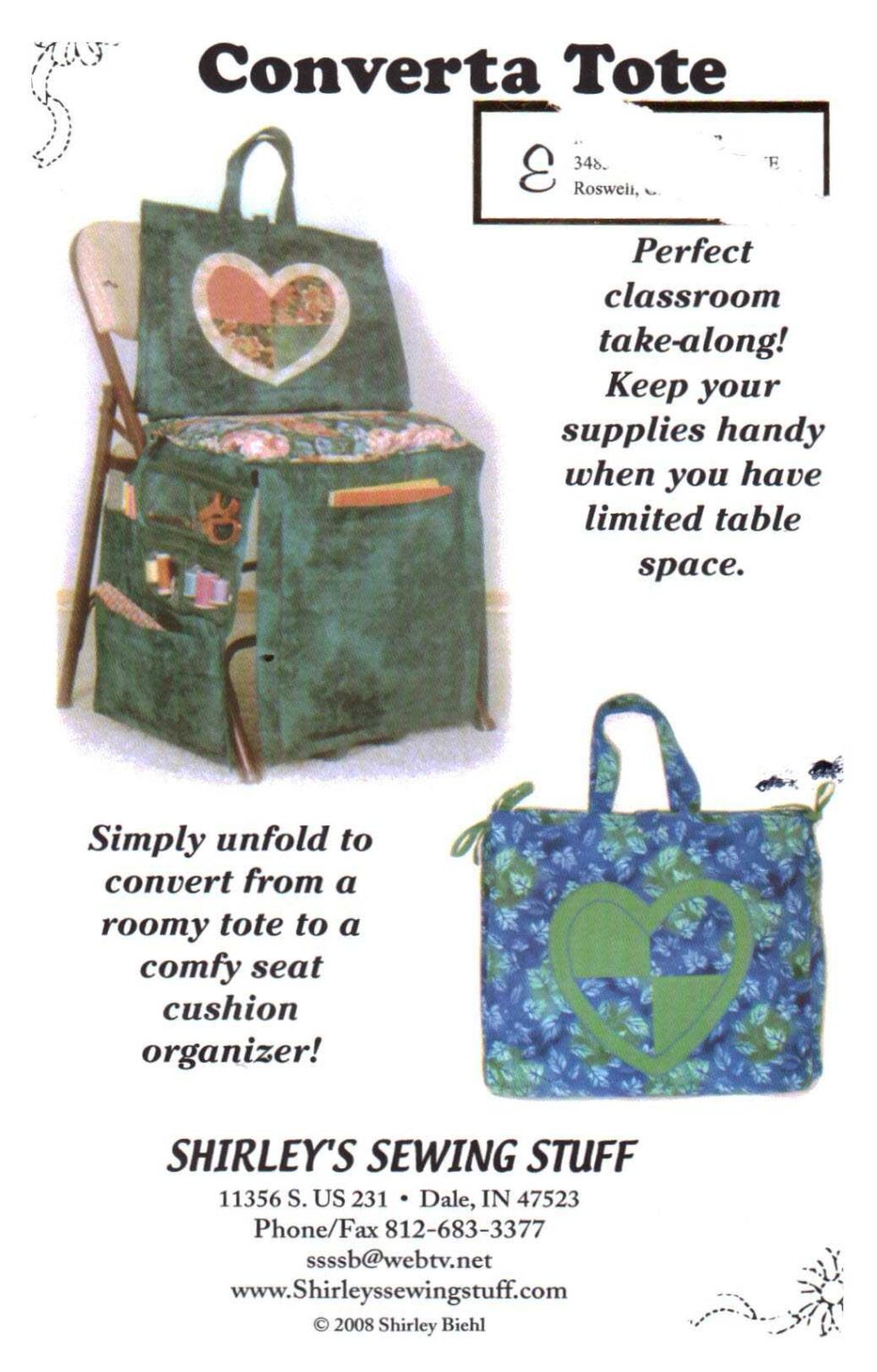 Shirley's Sewing Stuff Converta Tote Size One Uncut Sewing Pattern