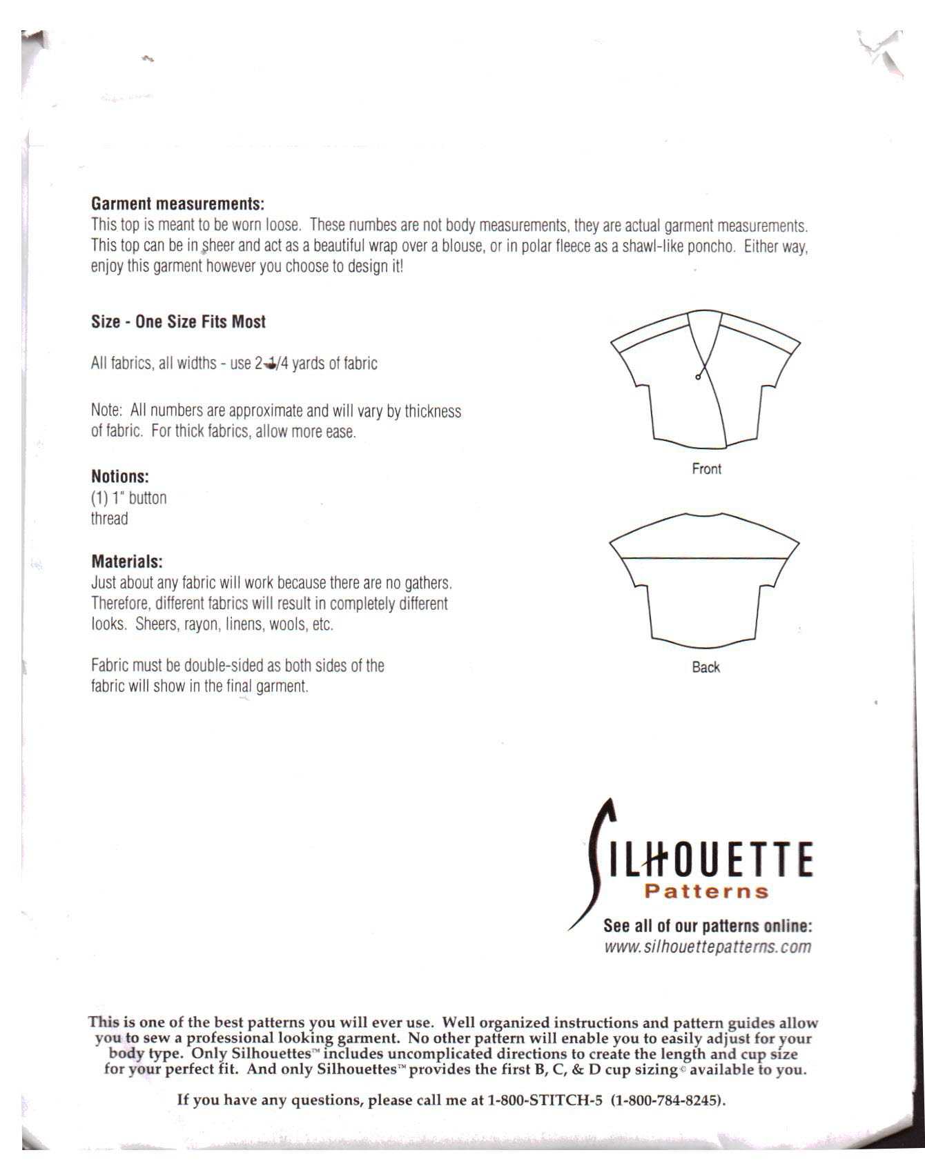 Silhouettes 95 Brook's Top Size: One fits most Uncut Sewing Pattern