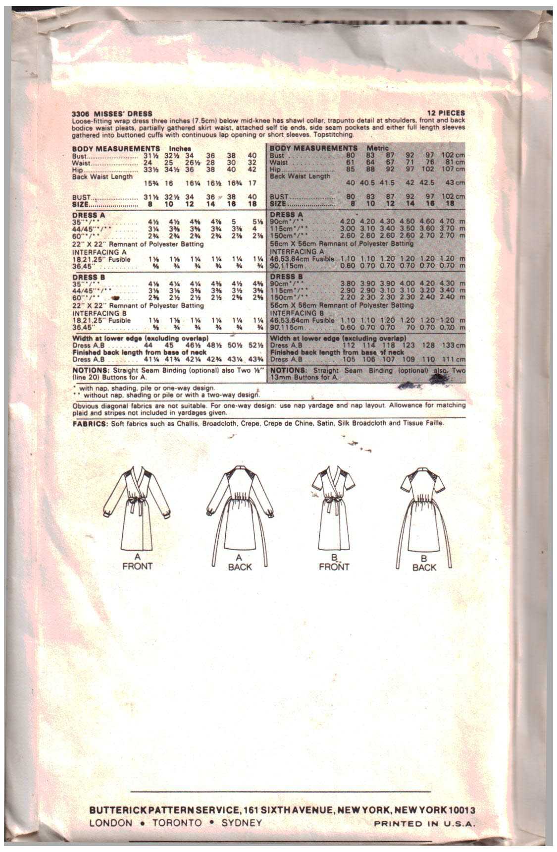 Butterick 3306 Dress Size: 12 Uncut Sewing Pattern