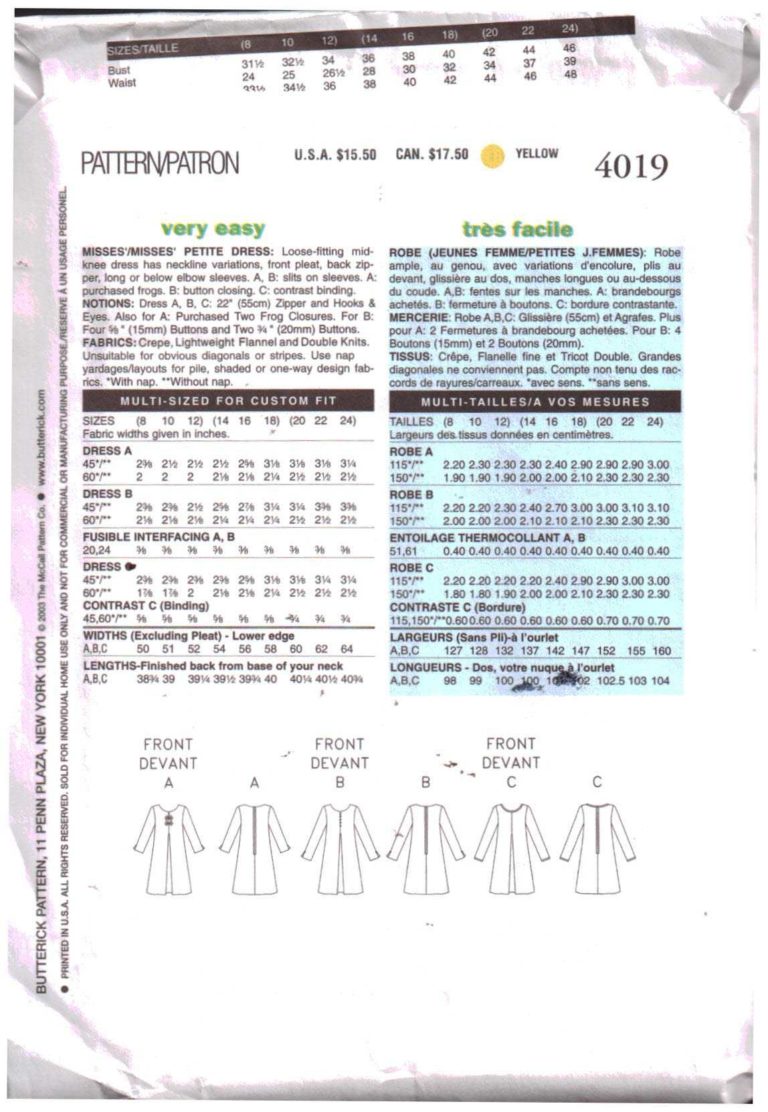 Butterick 4019 Dress Size: 8-10-12 or 20-22-24 Uncut Sewing Pattern